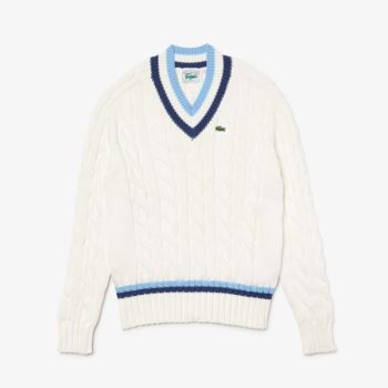 Lacoste V-neck Striped-Trim Cable-Knit Sweater Dámské - Svetr Bílé / Blankyt | CZ-umLgeT